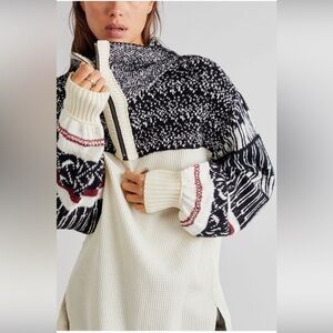 Free People Black and Cream Patterned Turtleneck Sweater